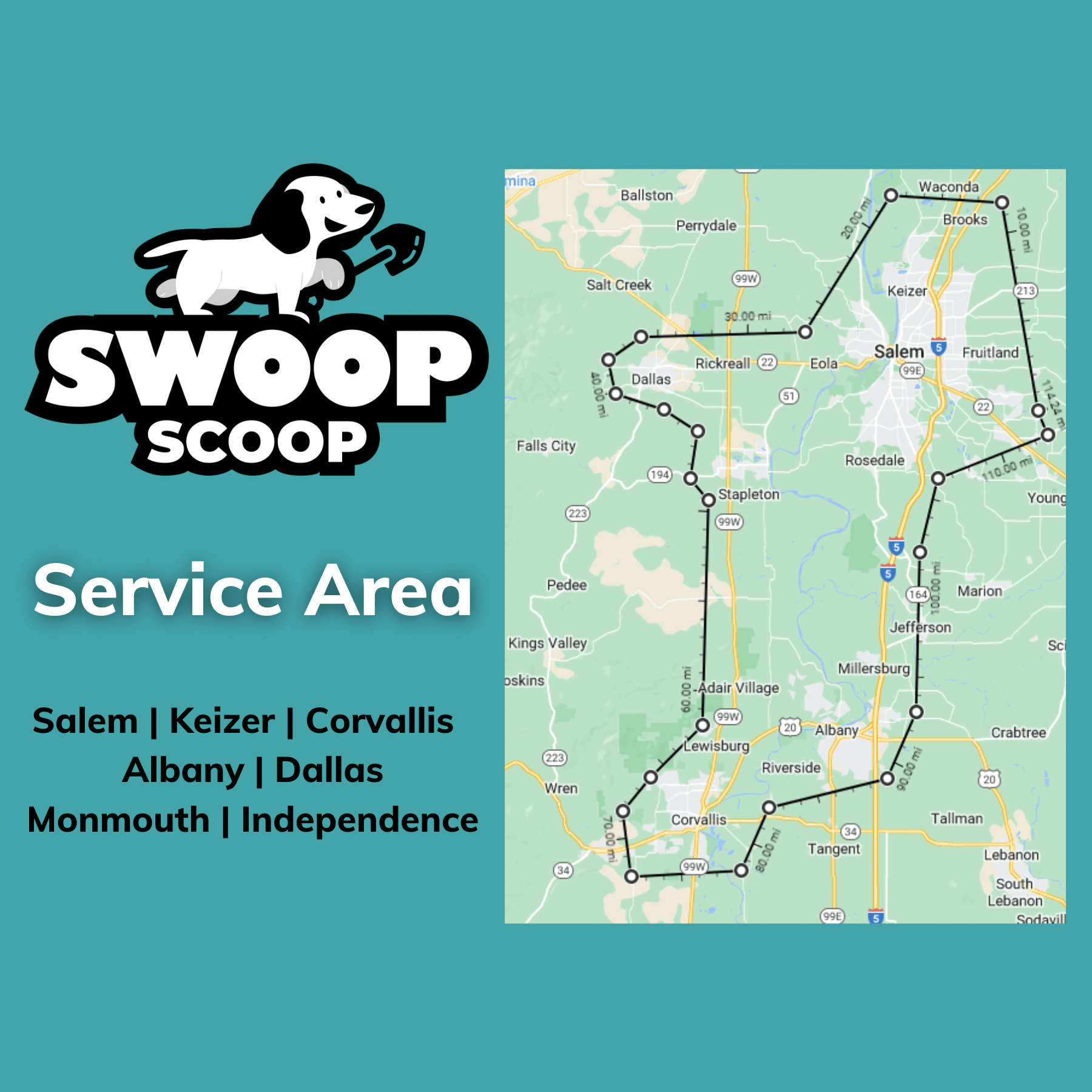 Map of Swoop Scoops dog waste removal service area in Salem, OR.