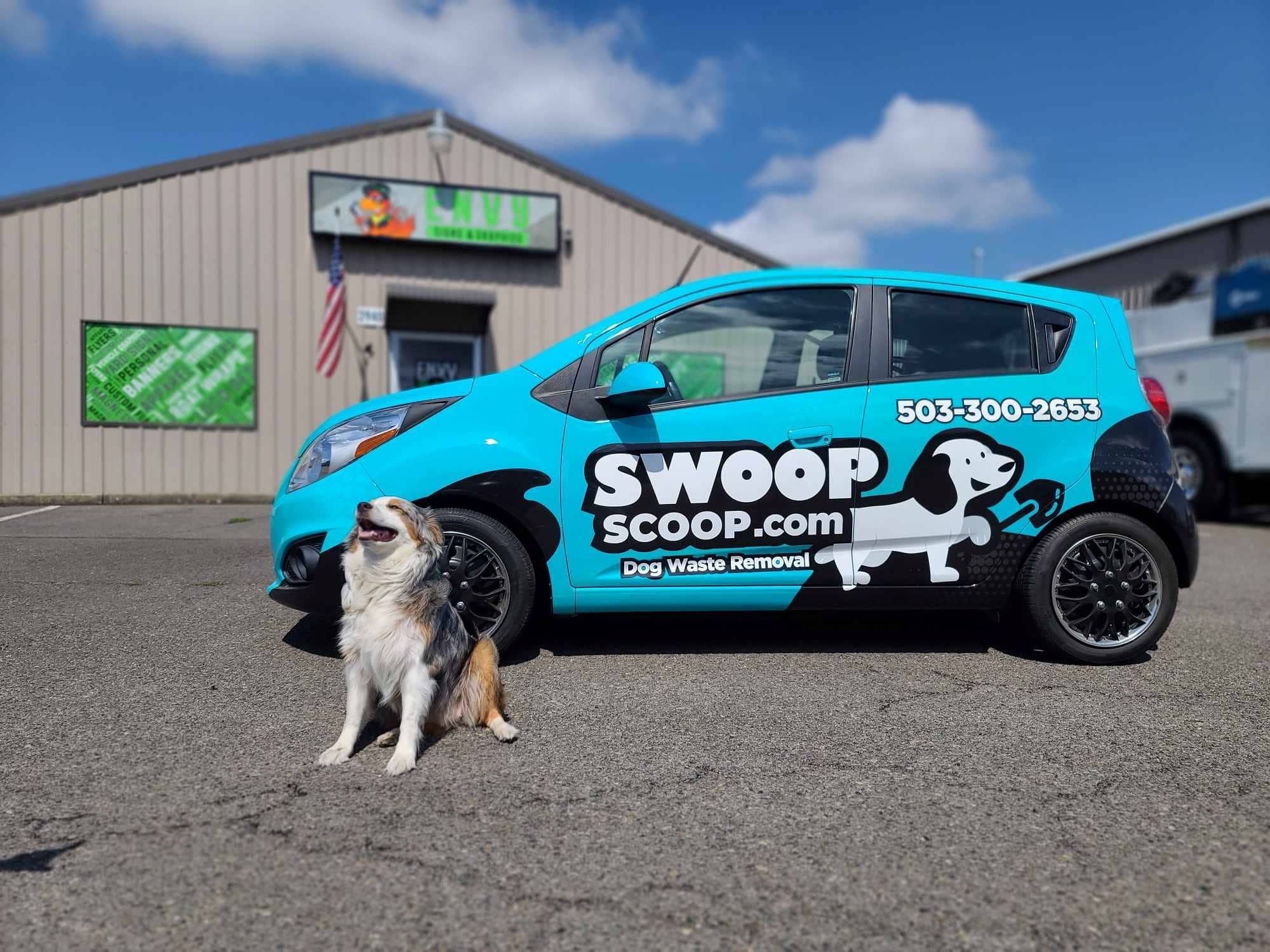 Swoop Scoop Dog Waste removal car parked in a Salem, OR parking lot.